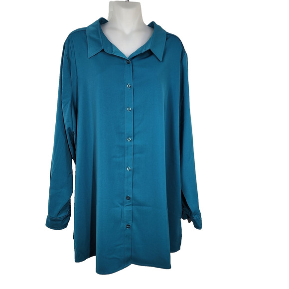 Susan Graver Big Shirt Size 1X Green Stretch Peachskin Fabric Button Up A203722 - Picture 1 of 10